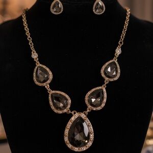 Gold-Tone Accents Necklace with Smoky Gray Teardrop Crystals Earrings